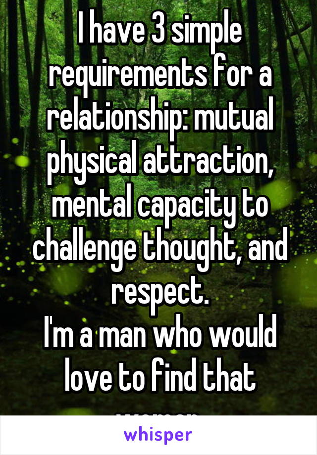 I have 3 simple requirements for a relationship: mutual physical attraction, mental capacity to challenge thought, and respect.
I'm a man who would love to find that woman.