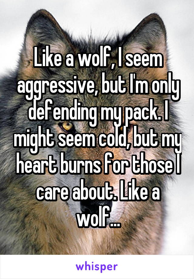 Like a wolf, I seem aggressive, but I'm only defending my pack. I might seem cold, but my heart burns for those I care about. Like a wolf...