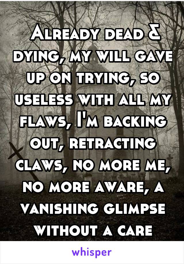  Already dead & dying, my will gave up on trying, so useless with all my flaws, I'm backing out, retracting claws, no more me, no more aware, a vanishing glimpse without a care