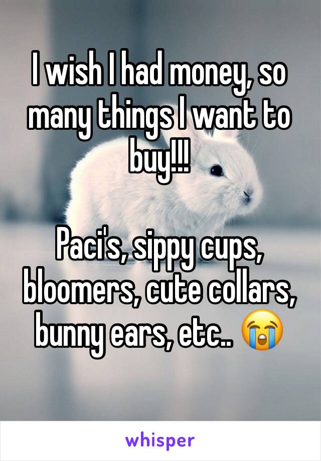 I wish I had money, so many things I want to buy!!! 

Paci's, sippy cups, bloomers, cute collars, bunny ears, etc.. 😭