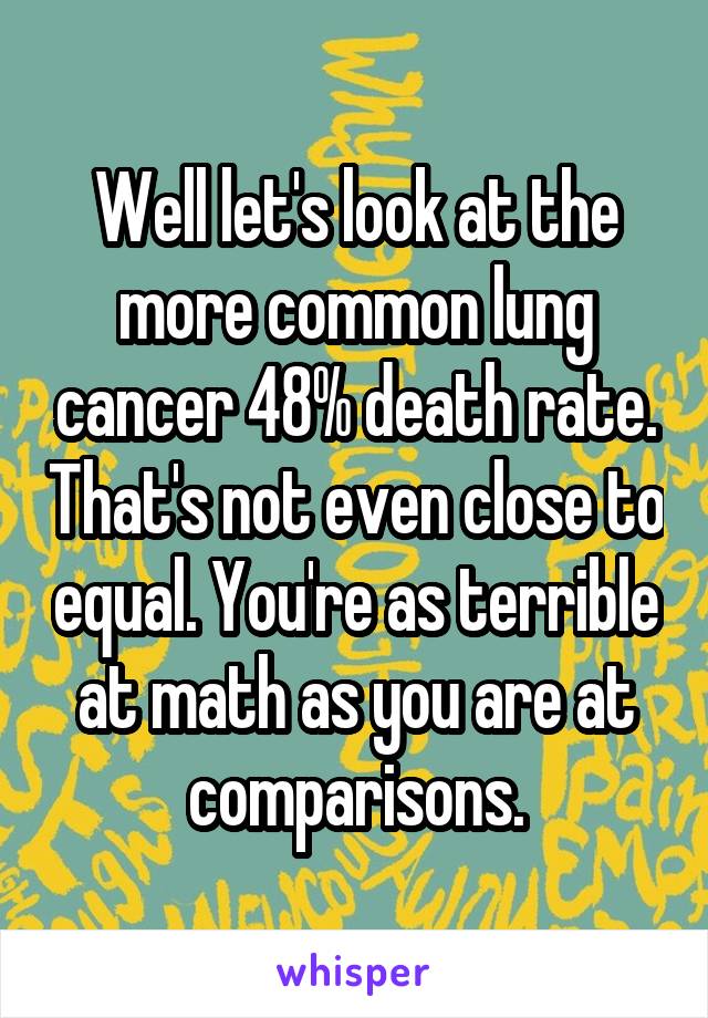 Well let's look at the more common lung cancer 48% death rate. That's not even close to equal. You're as terrible at math as you are at comparisons.