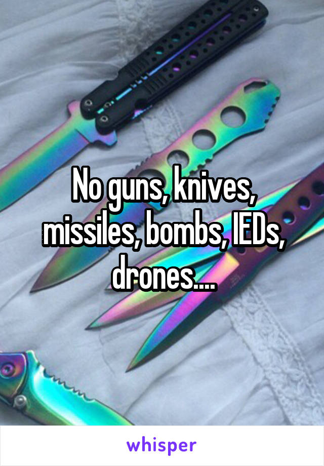 No guns, knives, missiles, bombs, IEDs, drones....