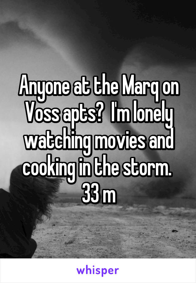 Anyone at the Marq on Voss apts?  I'm lonely watching movies and cooking in the storm.  33 m