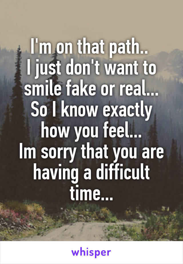 I'm on that path.. 
I just don't want to smile fake or real...
So I know exactly how you feel...
Im sorry that you are having a difficult time...
