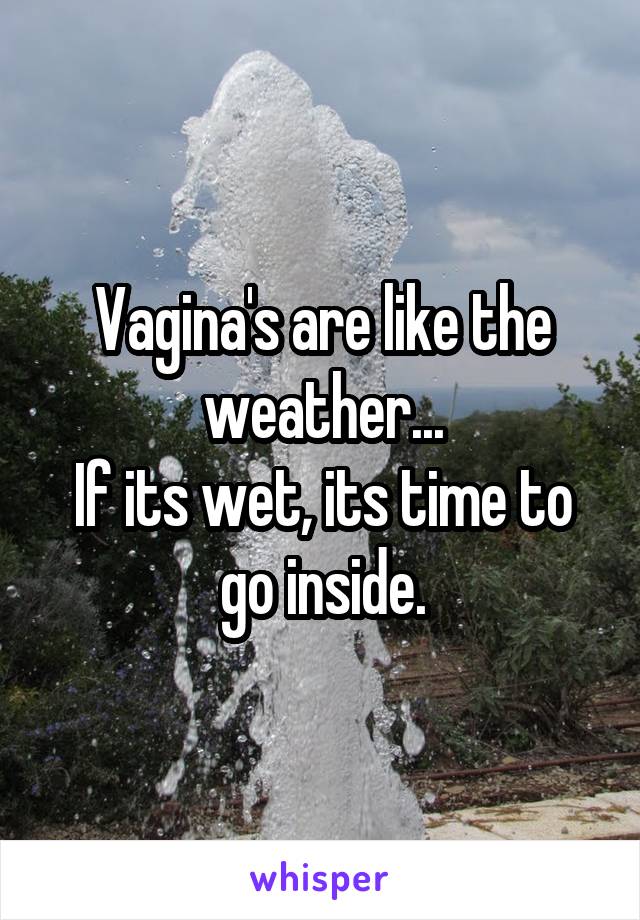 Vagina's are like the weather...
If its wet, its time to go inside.