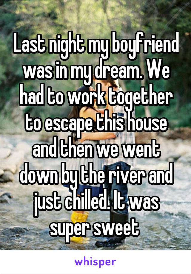 Last night my boyfriend was in my dream. We had to work together to escape this house and then we went down by the river and just chilled. It was super sweet 