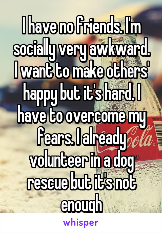 I have no friends. I'm socially very awkward. I want to make others' happy but it's hard. I have to overcome my fears. I already volunteer in a dog rescue but it's not enough