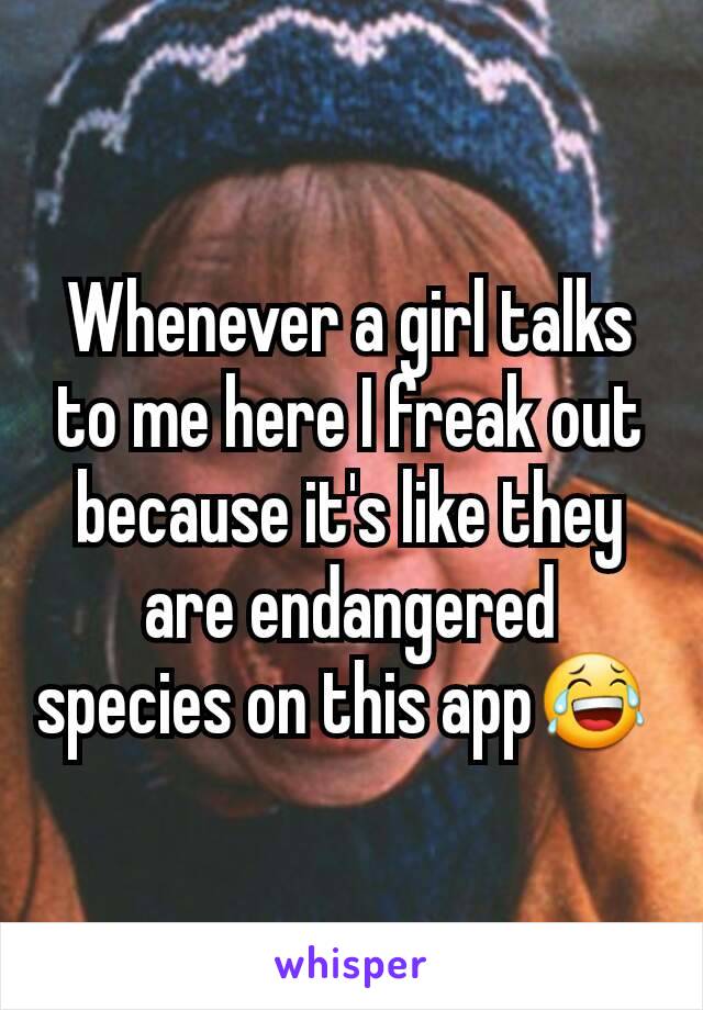 Whenever a girl talks to me here I freak out because it's like they are endangered species on this app😂 