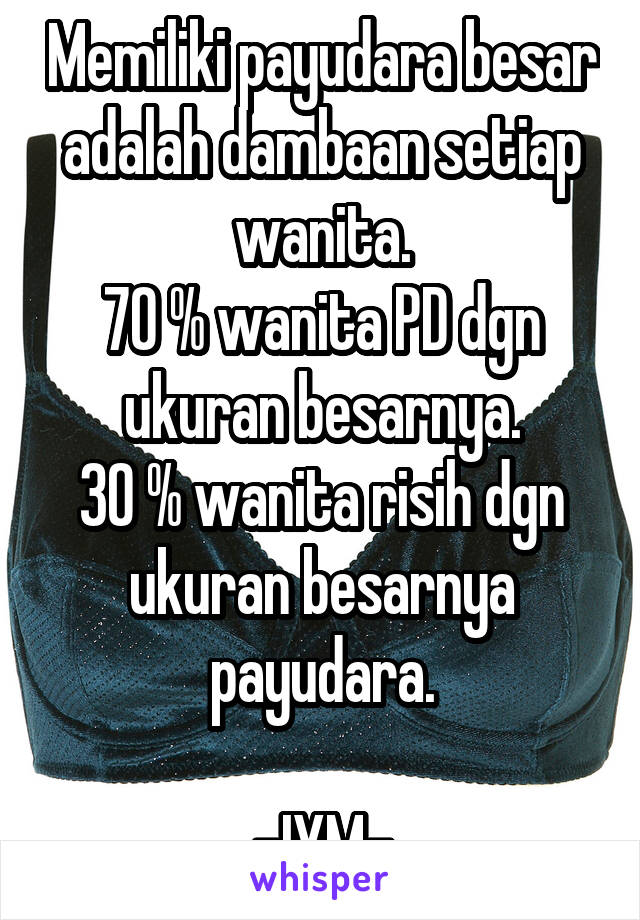 Memiliki payudara besar adalah dambaan setiap wanita.
70 % wanita PD dgn ukuran besarnya.
30 % wanita risih dgn ukuran besarnya payudara.

-IYM-