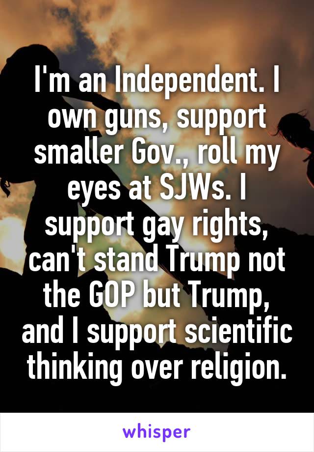 I'm an Independent. I own guns, support smaller Gov., roll my eyes at SJWs. I support gay rights, can't stand Trump not the GOP but Trump, and I support scientific thinking over religion.