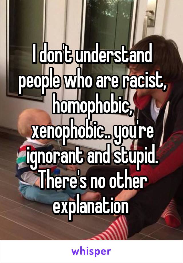 I don't understand people who are racist, homophobic, xenophobic.. you're ignorant and stupid.
There's no other explanation 