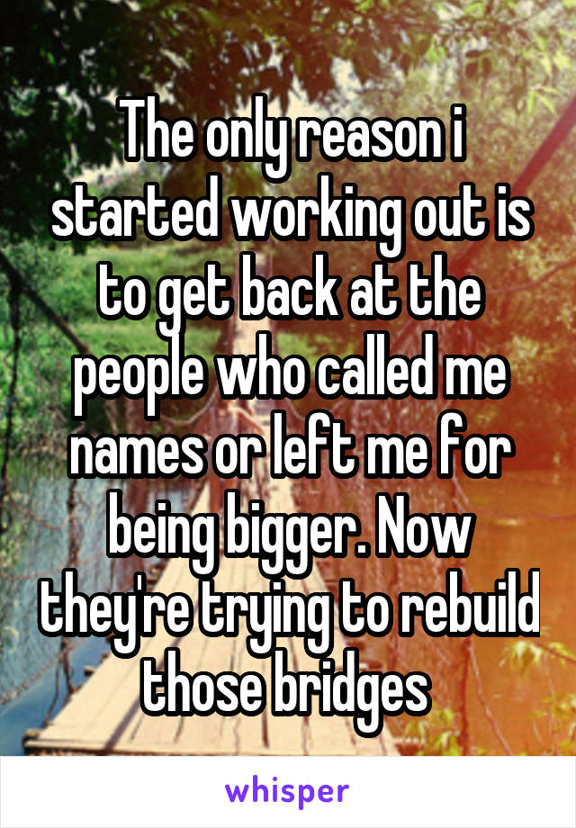 The only reason i started working out is to get back at the people who called me names or left me for being bigger. Now they're trying to rebuild those bridges 