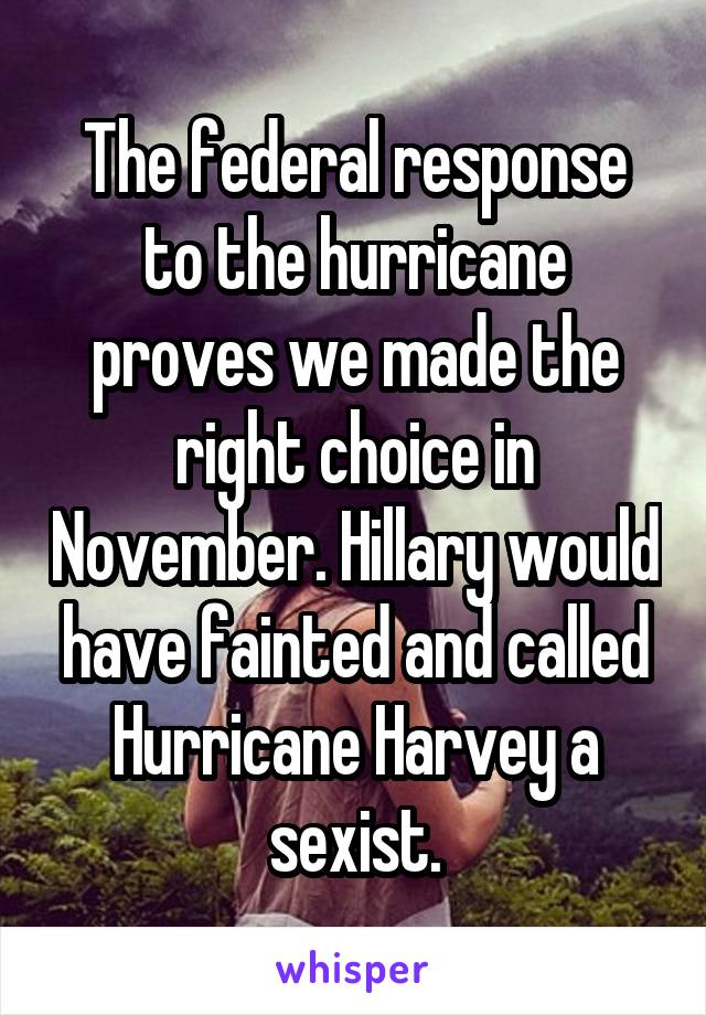 The federal response to the hurricane proves we made the right choice in November. Hillary would have fainted and called Hurricane Harvey a sexist.