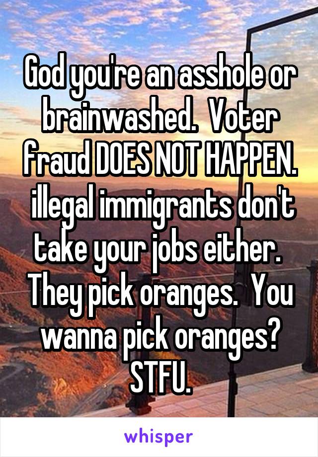 God you're an asshole or brainwashed.  Voter fraud DOES NOT HAPPEN.  illegal immigrants don't take your jobs either.  They pick oranges.  You wanna pick oranges? STFU.