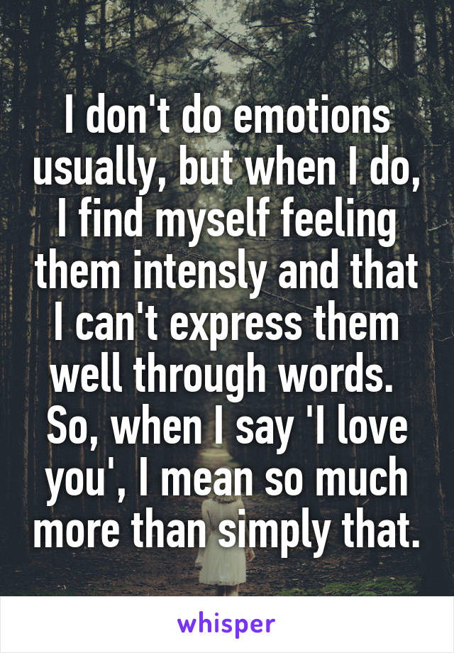 I don't do emotions usually, but when I do, I find myself feeling them intensly and that I can't express them well through words. 
So, when I say 'I love you', I mean so much more than simply that.