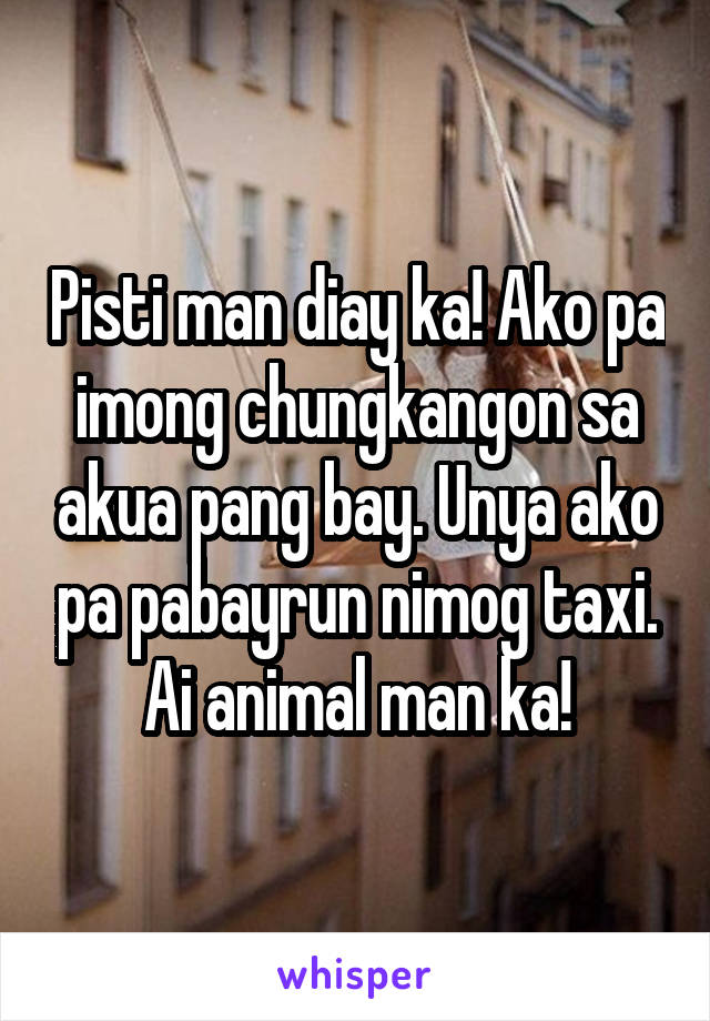 Pisti man diay ka! Ako pa imong chungkangon sa akua pang bay. Unya ako pa pabayrun nimog taxi. Ai animal man ka!