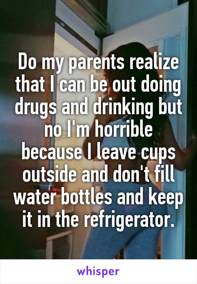 Do my parents realize that I can be out doing drugs and drinking but no I'm horrible because I leave cups outside and don't fill water bottles and keep it in the refrigerator.