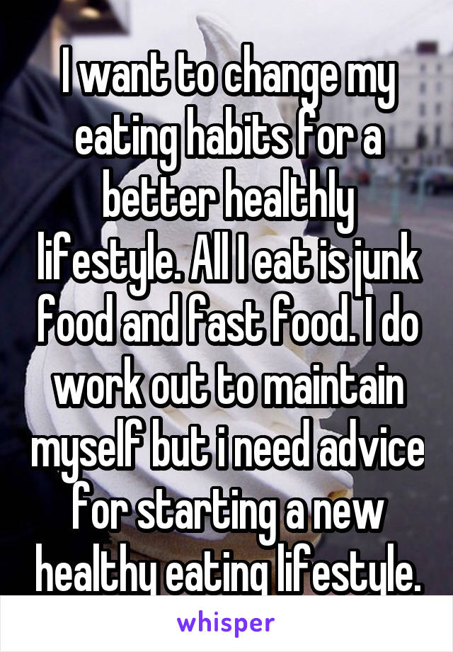 I want to change my eating habits for a better healthly lifestyle. All I eat is junk food and fast food. I do work out to maintain myself but i need advice for starting a new healthy eating lifestyle.