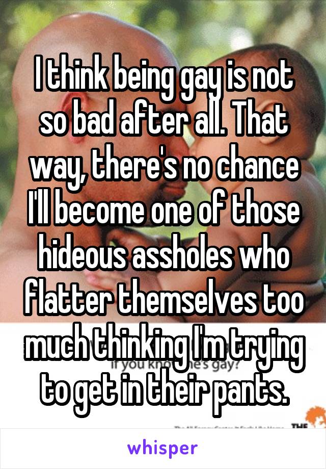 I think being gay is not so bad after all. That way, there's no chance I'll become one of those hideous assholes who flatter themselves too much thinking I'm trying to get in their pants.