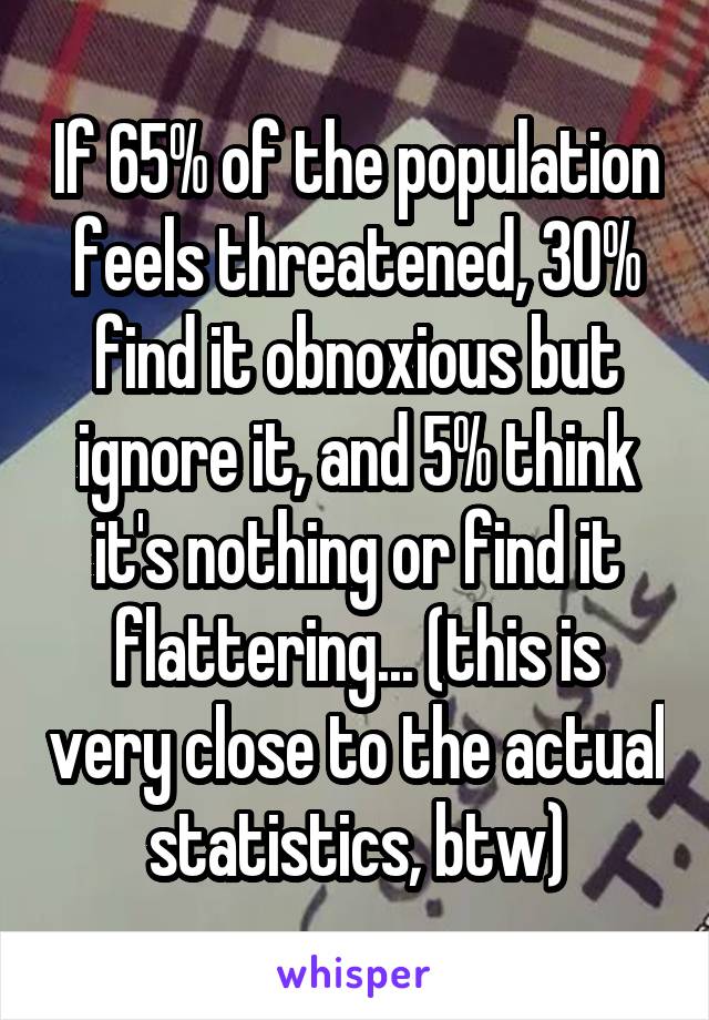 If 65% of the population feels threatened, 30% find it obnoxious but ignore it, and 5% think it's nothing or find it flattering... (this is very close to the actual statistics, btw)