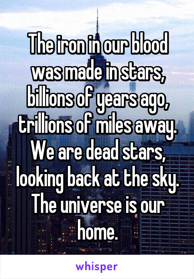 The iron in our blood was made in stars, billions of years ago, trillions of miles away. We are dead stars, looking back at the sky. The universe is our home.