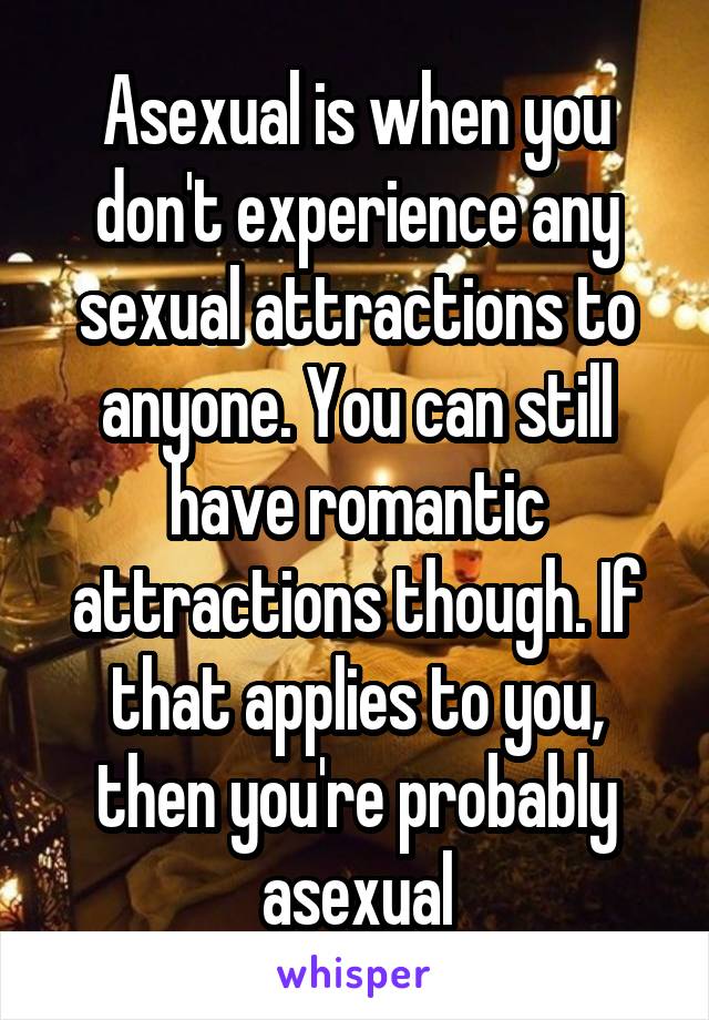 Asexual is when you don't experience any sexual attractions to anyone. You can still have romantic attractions though. If that applies to you, then you're probably asexual