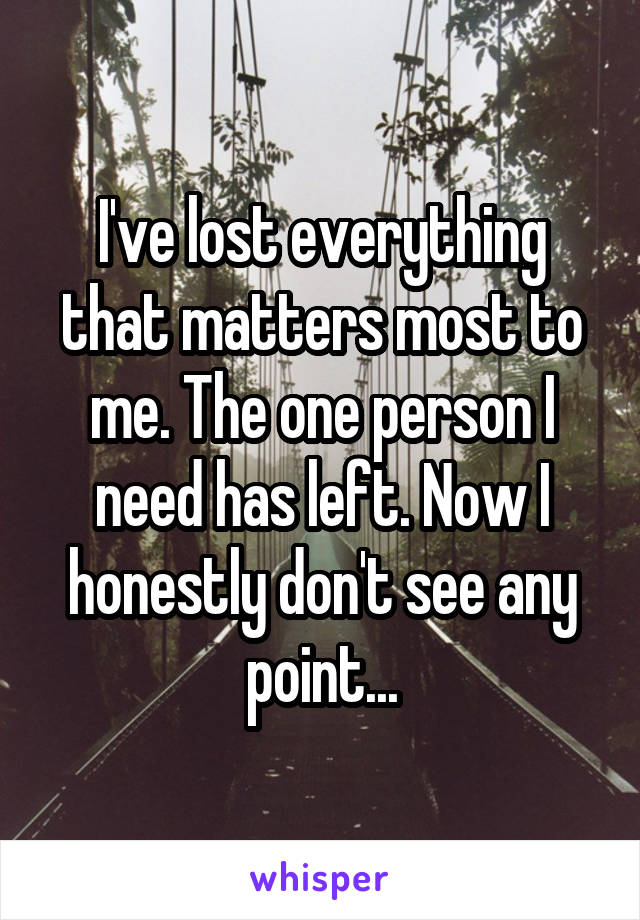 I've lost everything that matters most to me. The one person I need has left. Now I honestly don't see any point...