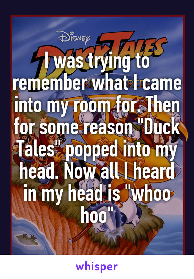 I was trying to remember what I came into my room for. Then for some reason "Duck Tales" popped into my head. Now all I heard in my head is "whoo hoo"