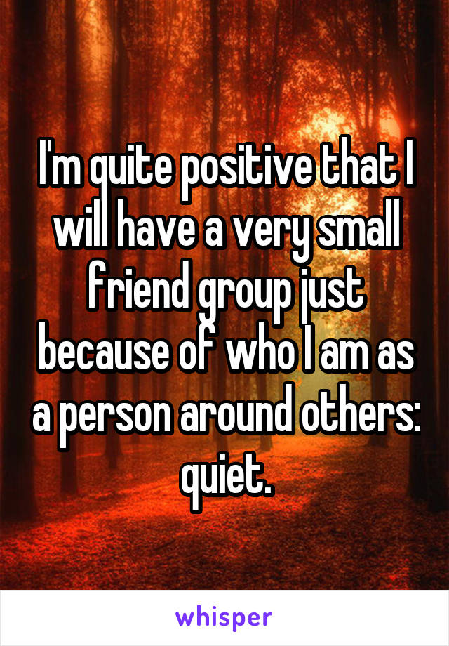 I'm quite positive that I will have a very small friend group just because of who I am as a person around others: quiet.