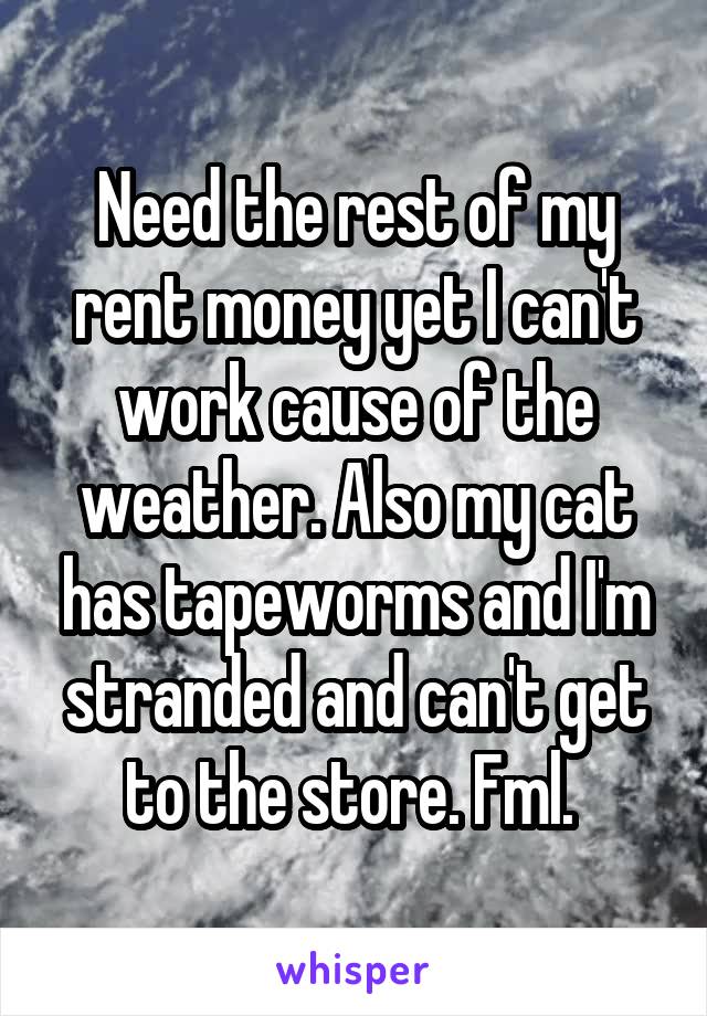 Need the rest of my rent money yet I can't work cause of the weather. Also my cat has tapeworms and I'm stranded and can't get to the store. Fml. 