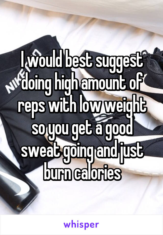 I would best suggest doing high amount of reps with low weight so you get a good sweat going and just burn calories