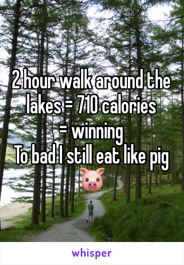 2 hour walk around the lakes = 710 calories 
= winning
To bad I still eat like pig
🐷 