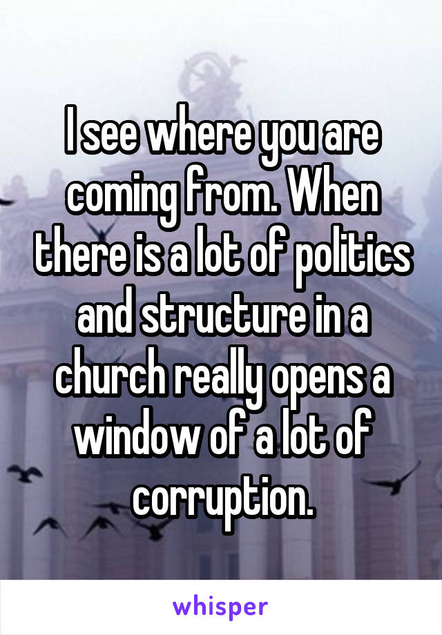 I see where you are coming from. When there is a lot of politics and structure in a church really opens a window of a lot of corruption.