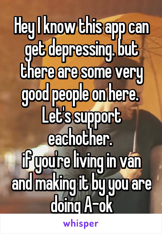 Hey I know this app can get depressing. but there are some very good people on here. 
Let's support eachother. 
if you're living in van and making it by you are doing A-ok