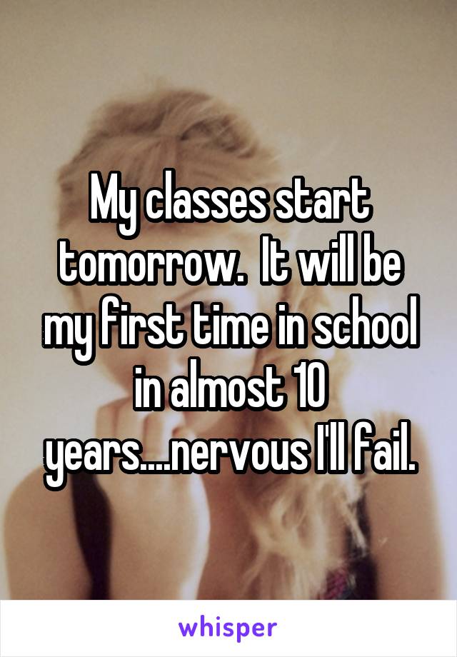 My classes start tomorrow.  It will be my first time in school in almost 10 years....nervous I'll fail.