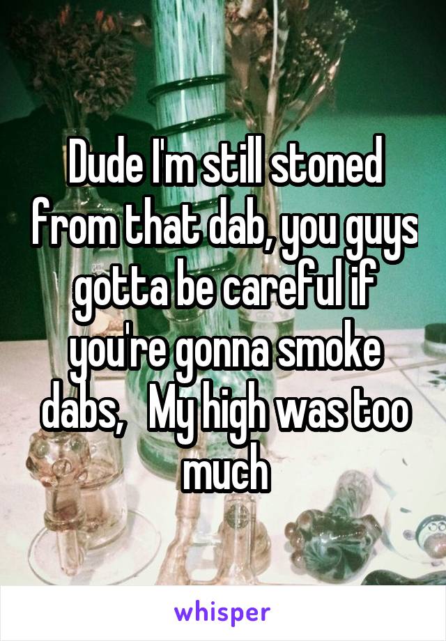 Dude I'm still stoned from that dab, you guys gotta be careful if you're gonna smoke dabs,   My high was too much