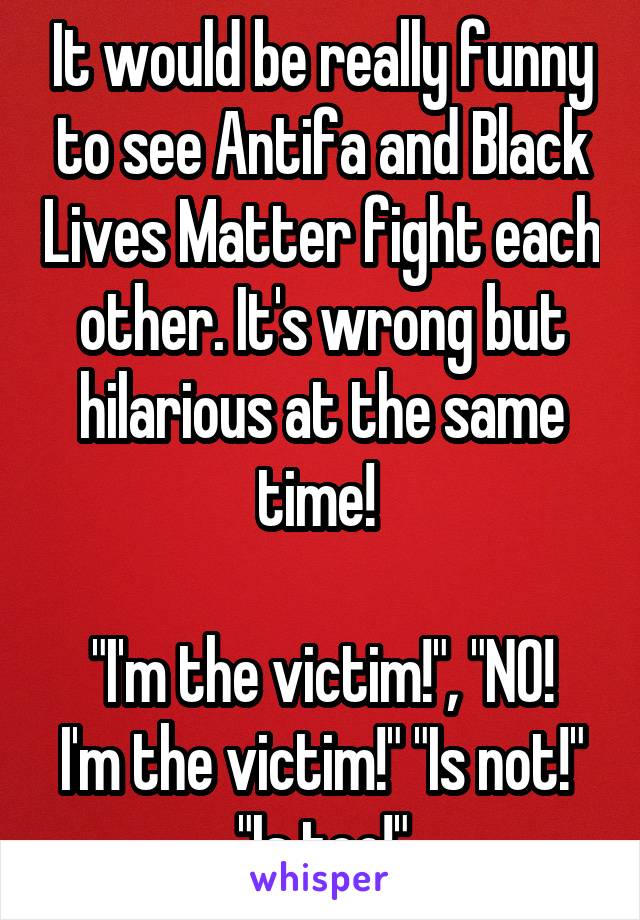 It would be really funny to see Antifa and Black Lives Matter fight each other. It's wrong but hilarious at the same time! 

"I'm the victim!", "NO! I'm the victim!" "Is not!" "Is too!"