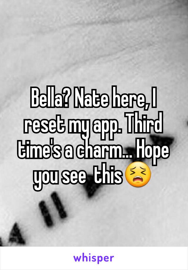 Bella? Nate here, I reset my app. Third time's a charm... Hope you see  this😣