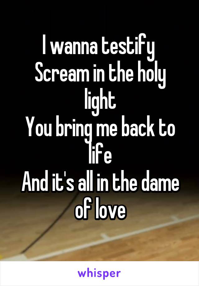 I wanna testify 
Scream in the holy light
You bring me back to life
And it's all in the dame of love
