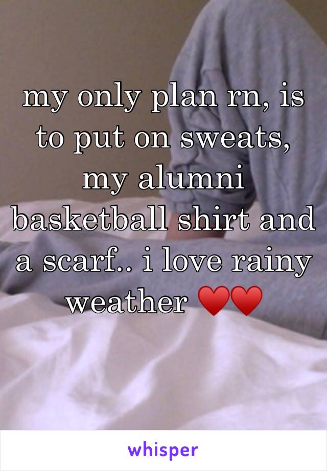 my only plan rn, is to put on sweats, my alumni basketball shirt and a scarf.. i love rainy weather ♥️♥️