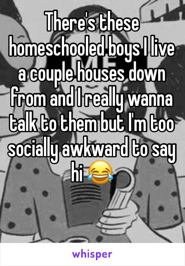 There's these homeschooled boys I live a couple houses down from and I really wanna talk to them but I'm too socially awkward to say hi 😂