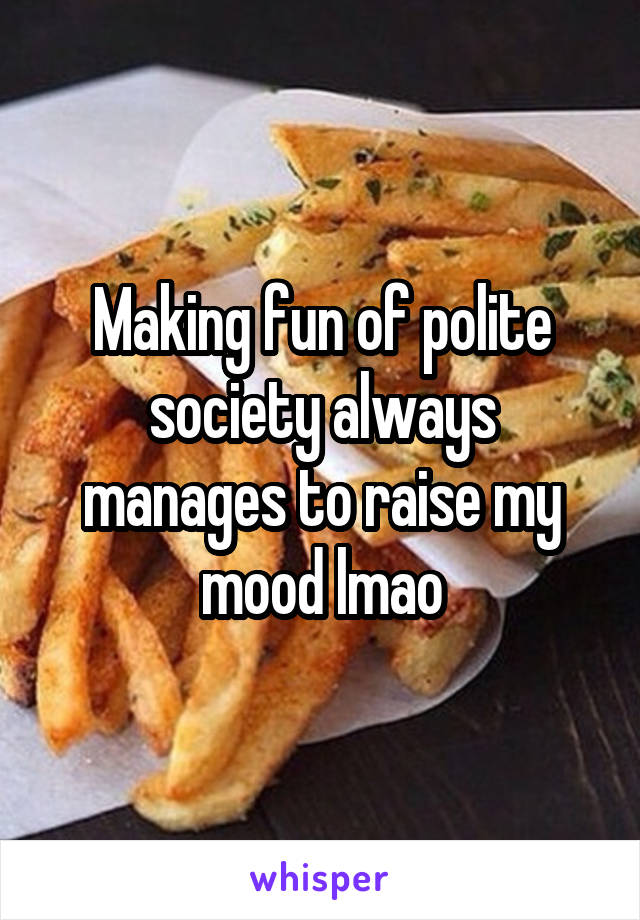 Making fun of polite society always manages to raise my mood lmao