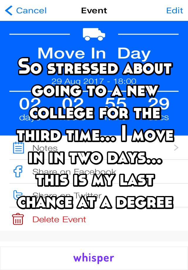 So stressed about going to a new college for the third time... I move in in two days... this is my last chance at a degree