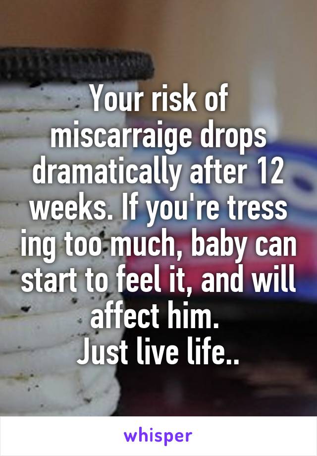 Your risk of miscarraige drops dramatically after 12 weeks. If you're tress ing too much, baby can start to feel it, and will affect him. 
Just live life..