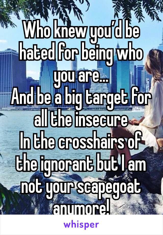 Who knew you’d be hated for being who you are...
And be a big target for all the insecure
In the crosshairs of the ignorant but I am not your scapegoat anymore!