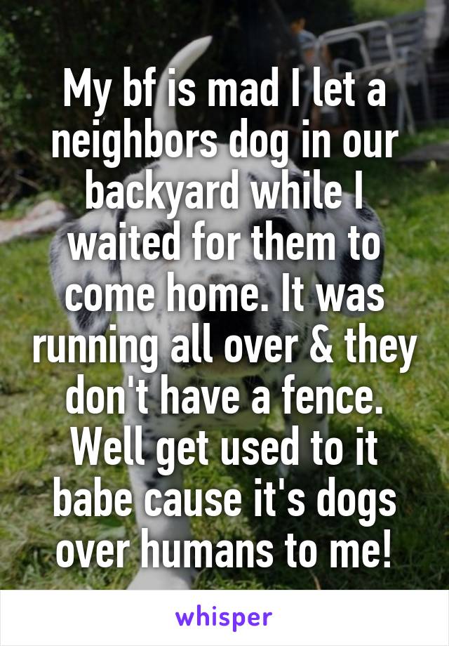 My bf is mad I let a neighbors dog in our backyard while I waited for them to come home. It was running all over & they don't have a fence. Well get used to it babe cause it's dogs over humans to me!