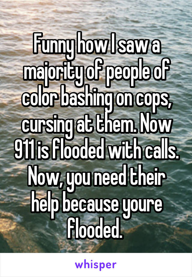 Funny how I saw a majority of people of color bashing on cops, cursing at them. Now 911 is flooded with calls. Now, you need their help because youre flooded. 