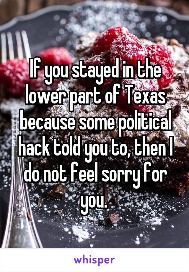 If you stayed in the lower part of Texas because some political hack told you to, then I do not feel sorry for you. 