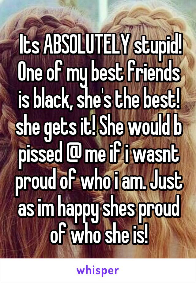  Its ABSOLUTELY stupid! One of my best friends is black, she's the best! she gets it! She would b pissed @ me if i wasnt proud of who i am. Just as im happy shes proud of who she is!