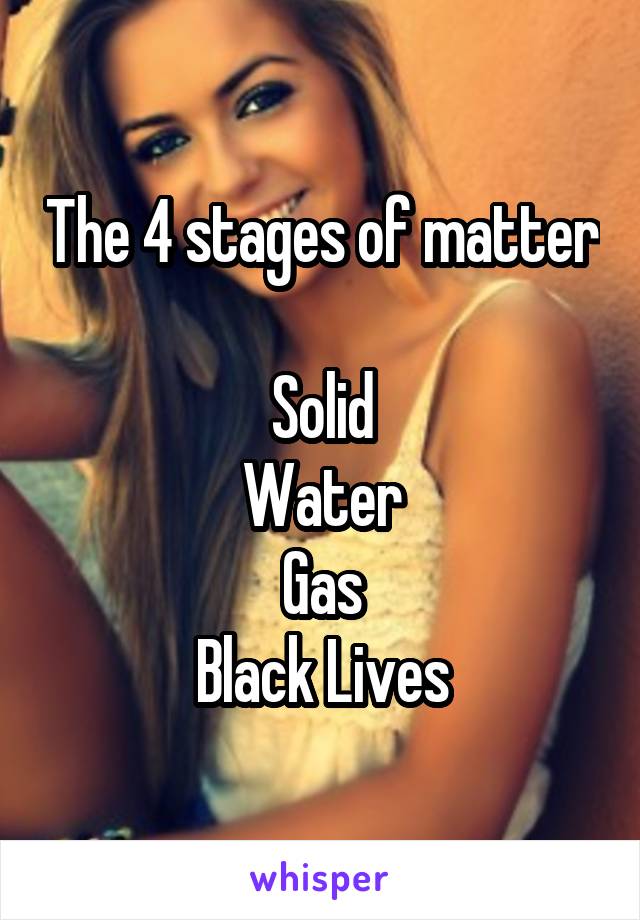 The 4 stages of matter

Solid
Water
Gas
Black Lives